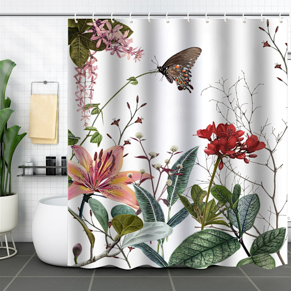 Bruseforhæng, Stof Bruseforhæng Sort Sommerfugl Blomster Bruseforhæng - 180x180cm med 12 Kroge, Vægtede Bruseforhæng