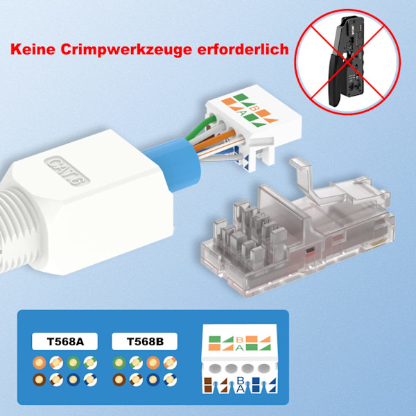 Pakke RJ45-kontakt Verktøyfri, Cat 6 felttermineringsplugg, gullbelagt, UTP for CAT6, CAT5E, 23-26 AWG 1Gbps nettverkskabel