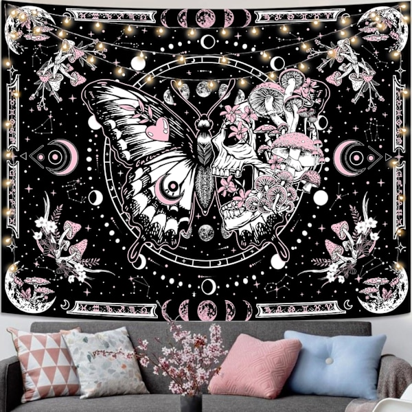 (Rosa, 152 cm x 112 cm) Skelett Fjäril Tapestry Rosa Dödskalle Hippie Svamp Växter Tapestry för Sovrum Månfas Estetiska Tapestries Väggbonad för L