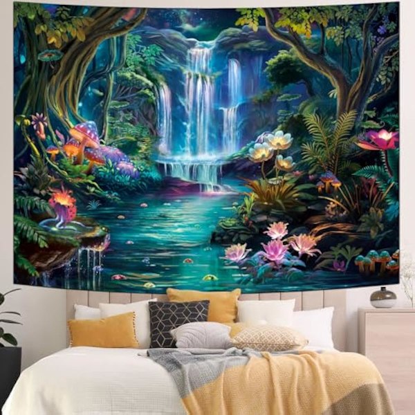 70x100cm Skogstapet Svamp Blomma Tapet Naturlandskap Vattenfall Tapet Färgglada Blommor Växter Väggtejp