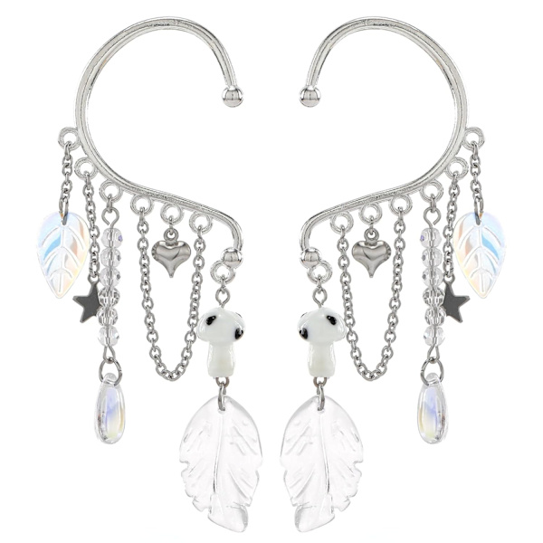 Renaissance Fairy Elf Øremanchetter - Hvite Sopp Elf Øremanchetter med Blad Tassel Elf Manchetter Klipp Øredobber Wrap Ingen Piercing