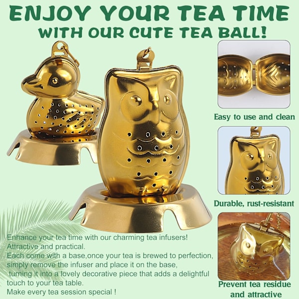 Te-infuser 2 stk. Løsbladste Si Te-diffusere til Løs Te Søde Te-kugler i And & Ugle Form (Guld)