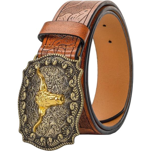 120cm - Western Lær Cowboy Spenne Belte for Menn, Kvinner, Jeans, Gravert Blomster Spenne Belte