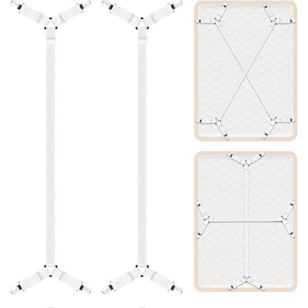 2 stk. utvidede lakenklemmer, 4 klemmer - justerbare lakenstropper med klemmer, madrassfas White