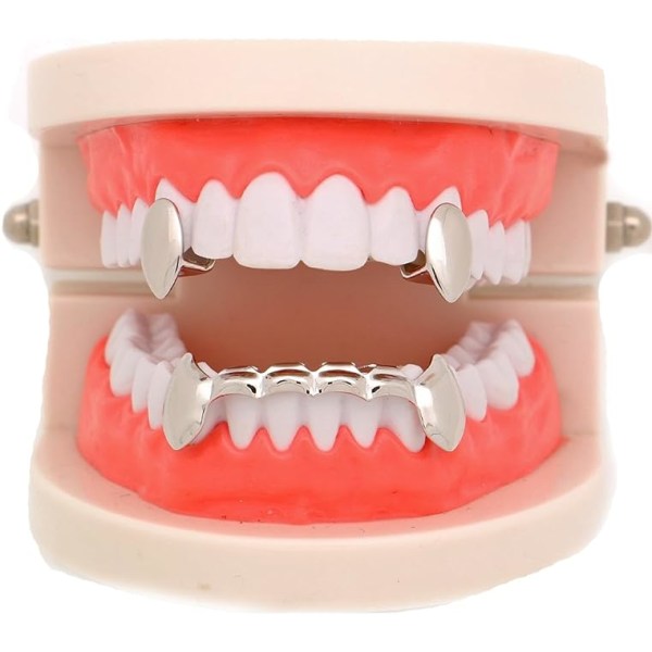 14k Gold Vampire Dracula Teeth Grillz 2pc Single Fangs and 6 Bottom Grillz Set (Silver)