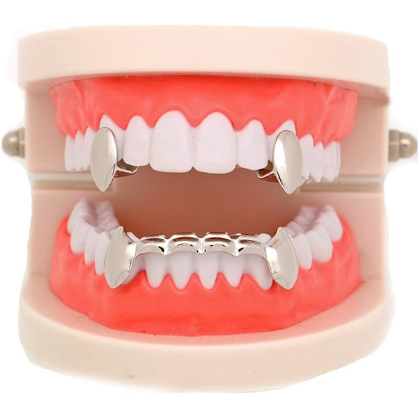14k Guld Vampyr Dracula Tänder Grillz 2st Singel Fångar och 6 Nedre Grillz Set (Silver)