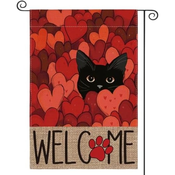 2 stk. 30x45cm Valentinsdag Haveflag Dobbeltsidet Udendørs, Sort Kat Kærlighedshjerter Velkommen Have Udendørs Flag
