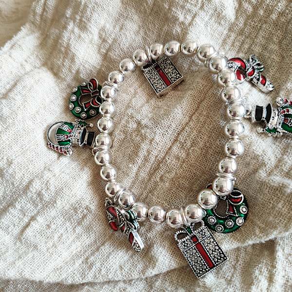 Vintage jul silver charm pärlor pärlsträck armband Stra