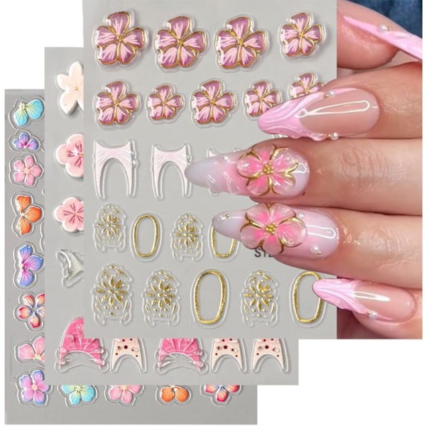 3 Ark Klistermärken för Naglar Självhäftande Nageldekal Guld Rosa 3D Blomma Präglade Dekaler för Naglar Färgglad Blommig Konstdesign Tillbehör