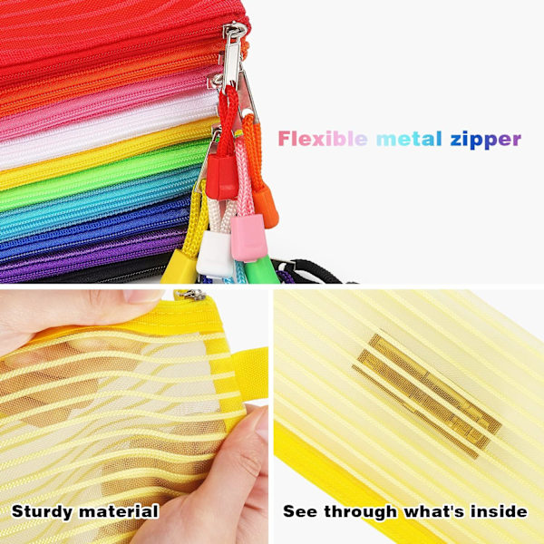 10-pack Dragkedja Mesh Ficka Pennfodral Flerfärgad Pennväska Multifunktionell för Kontorsmaterial Reseförvaringsväskor 10 Färger