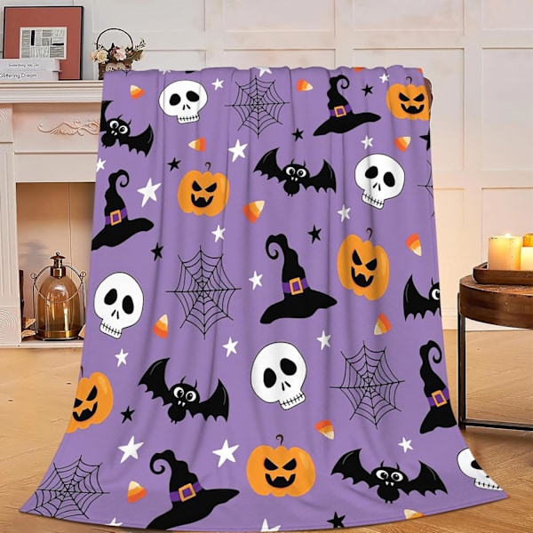 1 pcs Halloween Blanket Decor Throw Blanket Warm Cozy Pumpkin Skull Spider Webs Witch's Hat Black Bat Blanket Funny Purp