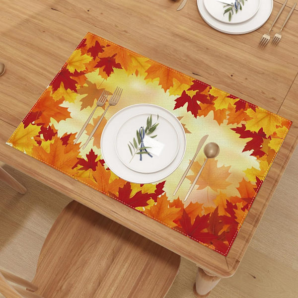 Linen Orange Watercolor Maple Leaf Fall -paikka-alustat, 4 kpl, Maalaistalon syksyinen tunnelma, Kiitospäivä, Koti, Keittiö, Ruokailutila