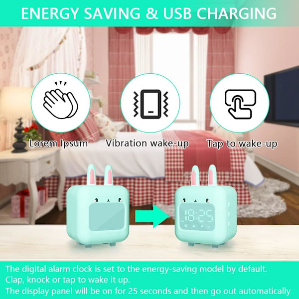 Vihreä Digitaalinen Herätyskello Lapsille, Jänis Yövalolla, Ajastimella ja Uudelleenherätyksellä, USB-Latautuva Sängynpäätykello Tytöille ja Pojille