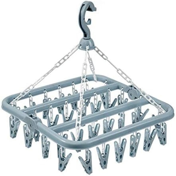 Clothes Drying Hanger with 32 Clips and Drip Foldable Hanging Rack (Light Blue)