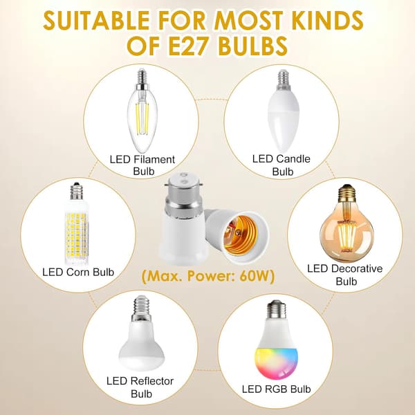 B22 til E27 Sokkeladapter, B22 til E27 Bajonetsokkel Konverter, til LED, Halogen, CFL og Glødepærer, 6 stk