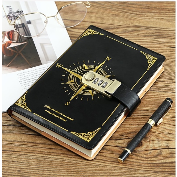 Rejsenotesbog, notesbog med lås（sort）, dagbog med kode (kompasmodel), pigens hemmelige notesbog
