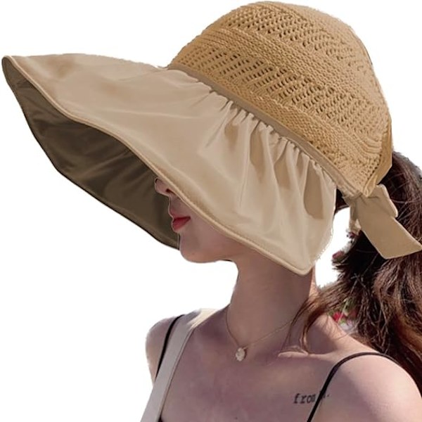 1 stk. Solhat til kvinder med bred skygge - Sommerstrandhat, Rejsefoldbar, UV-beskyttelse UPF 50+, Solhat Khaki