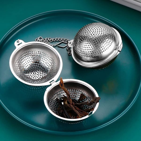 2 stk. teinfuser 5,5 cm, teinfuser i rustfrit stål med kæde og drypbakke, tesilbold,