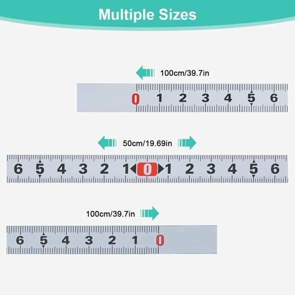 3 stk. selvklæbende metriske lineal, selvklæbende kulstofstål målebånd, 1m selvklæbende metrisk