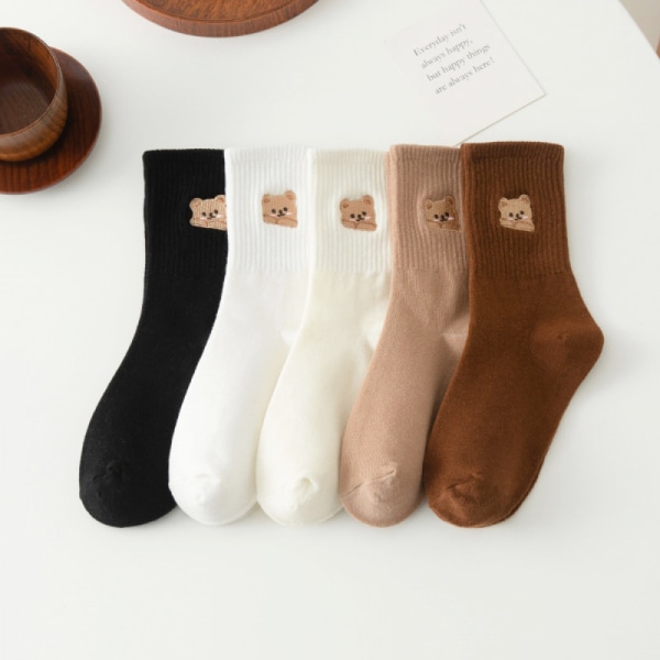 5 par bjørnebroderte sokker, midtkalvsokker for kvinner for høst og vinter, moteriktig ren Cotto