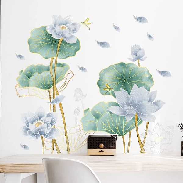 3D Väggdekaler Blå Lotus Blommig Väggkonst Dekal Dekor för Sovrum Vardagsrum Kontor Heminredning