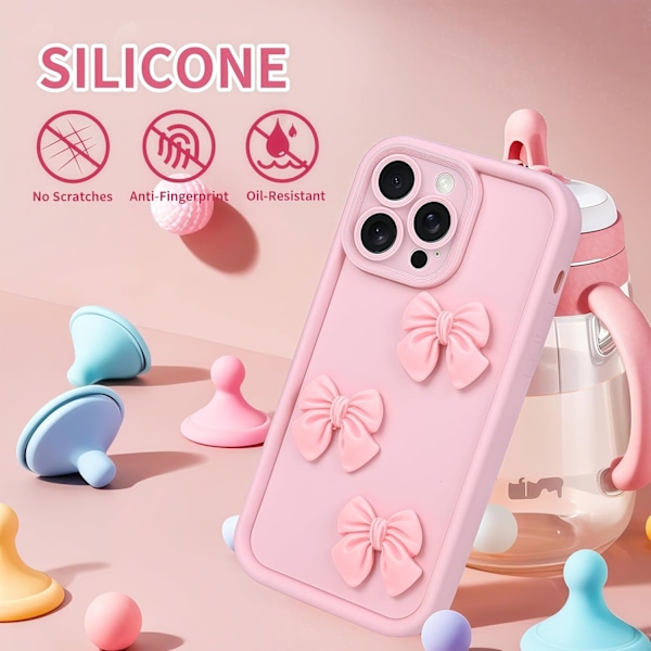Søde Etuier til iPhone 16 Pro Max Pink 3D Sløjfe Design Blødt Stødsikkert Beskyttelsescover til Piger Kvinder
