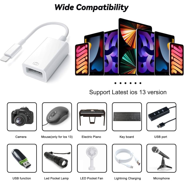 USB-adapter för iPhone till USB iOS OTG-kabel för iPhone iPad, USB-kameraadapter för iPhone, stöder