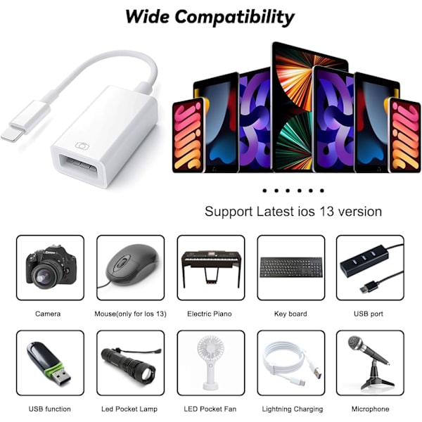 USB-adapter til iPhone til USB iOS OTG-kabel til iPhone iPad, USB-kameraadapter til iPhone, understøtter