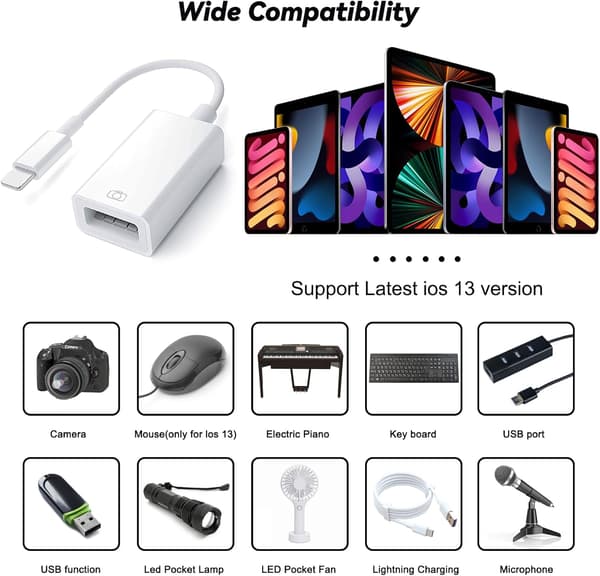 USB-sovitin iPhonelle USB iOS OTG -kaapeli iPhonelle iPadille, USB-kamera-adapteri iPhonelle, tukee