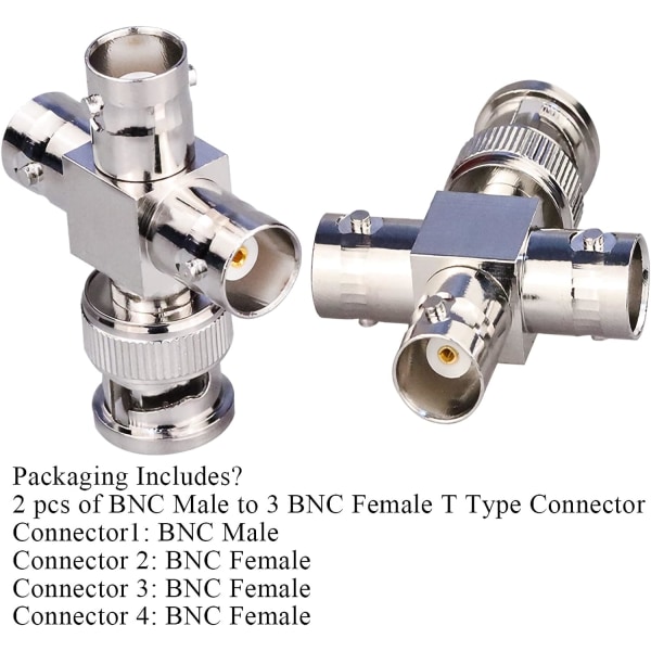 2 pakke BNC hann til 3 hunn T-type RF koaksiale kontakter 4 W
