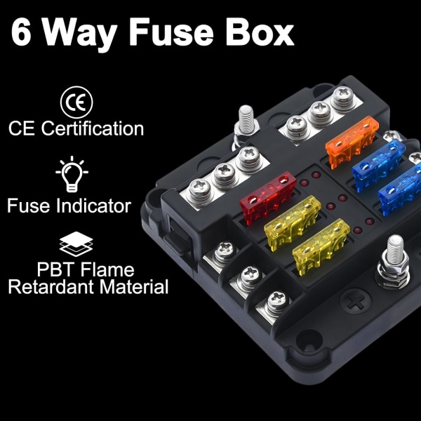 6 Way 12V Fuse Box, Fuse Holder Blade Fuse Blocks with 16 Fuses 6