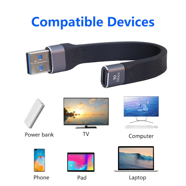 10 Gbps USB 3.1 Litteä Pehmeä Datakaapeli 100W USB3.1 Uros - Type C Naaras 4K@60Hz Lyhyt USB C