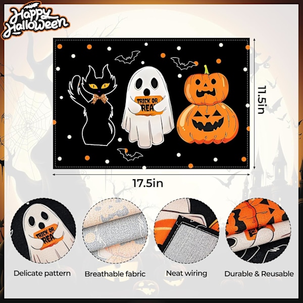 Halloween-underlägg, set om 4, Spöke Pumpa Katt 12x18 tum Halloween Bordstabletter för Hem Köksfest Semesterdekoration