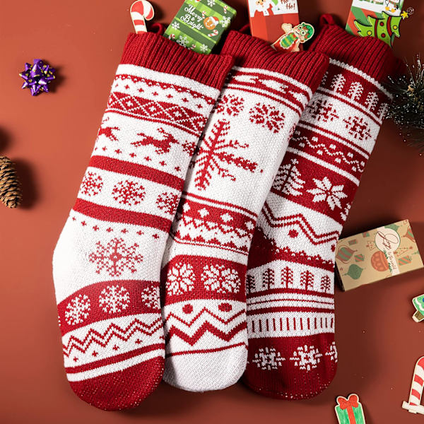 3-pack 18 tum Knittade Julstrumpor, Stora Rustika Garn Julstrumpor för Familjens Semesterdekorationer