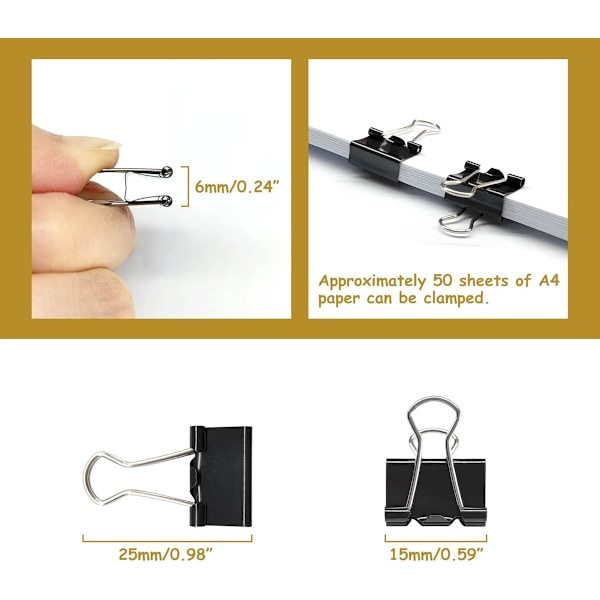 120 st Minimappclips, 5/8 tum (15 mm), Små Pappersklämmor för Kontorsmaterial, Svart