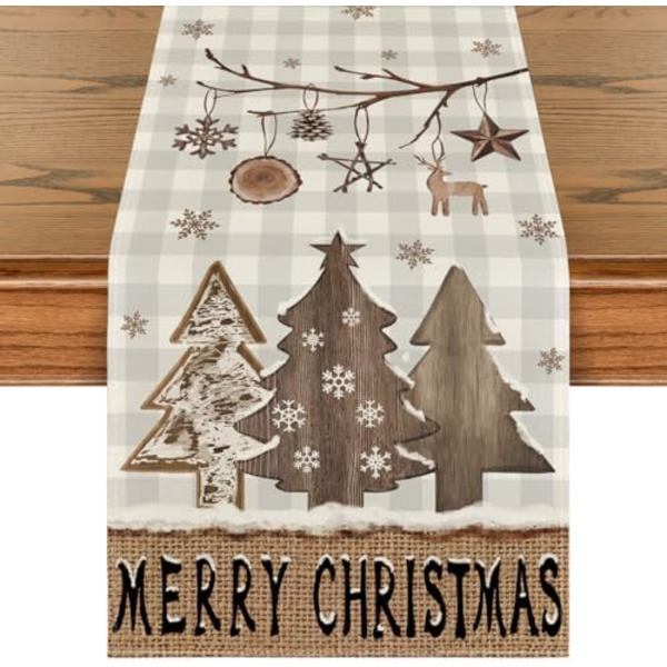 Rutiga Träjulgran Ornament Julbord Löpare, Säsongsbetonad Vinterkök Matbord Dekoration för Hem