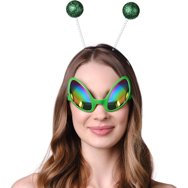 Vihreä Alien-hiuspanta ja -lasit - Alien-antennihiuspanta ja hopeiset Alien-aurinkolasit - Avaruusasu-tarvikkeet - Spar