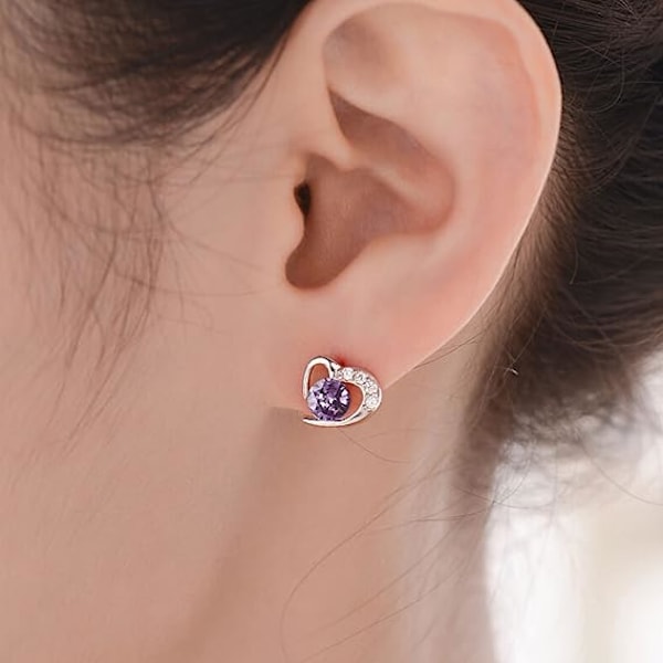 Sølv Stud Øreringe til Kvinder, Stud Øreringe Hvidguld Kubisk Zirkonia Hjerte Studs│Sarte Øre Purple
