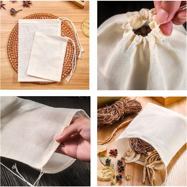 20 stk gjenbrukbare bomullsposer med snøring, gaveposer, kaffe- og tebryggeposer, nøttemelkposer 10*12cm
