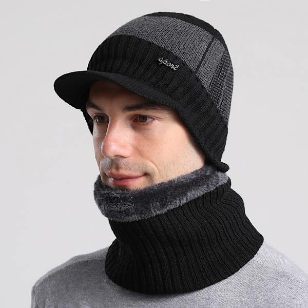 Sort Unisex Beanie Halstørklæde Sæt, 2 i 1 Vinter Termisk Strikket Hue