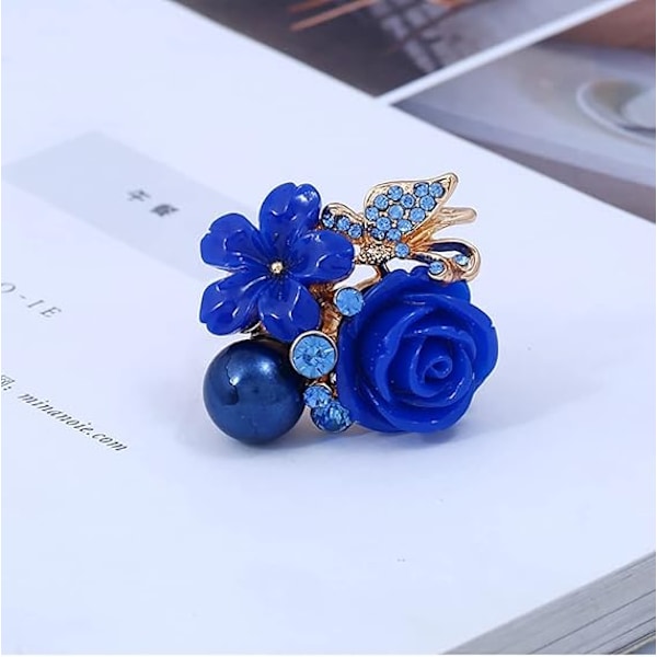 Rose Flower Bryllupsring for Kvinner Jenter Statement Forlovelse Rund Rhinstone Krystall Aryclic blue