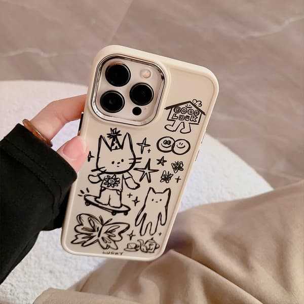 Designet til iPhone Case, Sød Kat Sommerfugl Stjerne Heldig Linje Tegning Blød Telefon Case (Hvid, til iPhone 16 Pro Max)