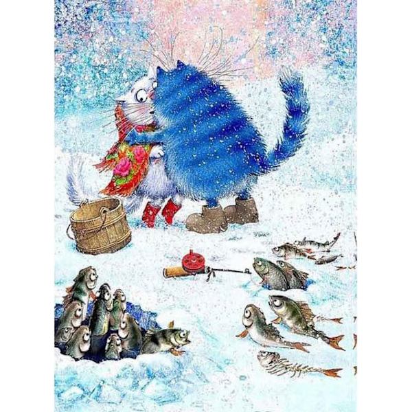 30 x 40 cm, katt som fiskar i snön Diamantmålning Broderi