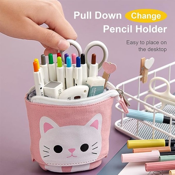 Grå holdbart lerret uttrekkbart blyantveske med Cute Cat De