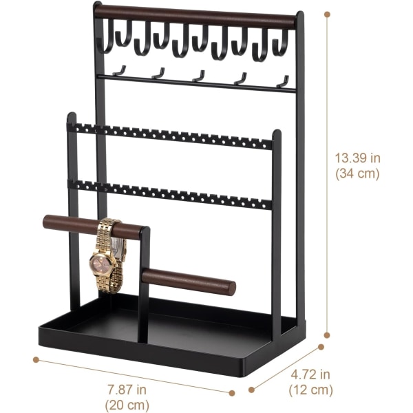 Svart smyckeshållare i hållbar metall och trä, smyckesställ med bricka och krokar, halsband örhänge