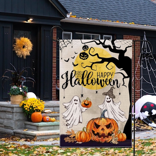 1 kpl Halloween-puutarhalippu 12x18 kaksisivuinen, haamu Onnellinen Halloween -pihalippu, pellava-kyltit pieni Halloween-puutarha