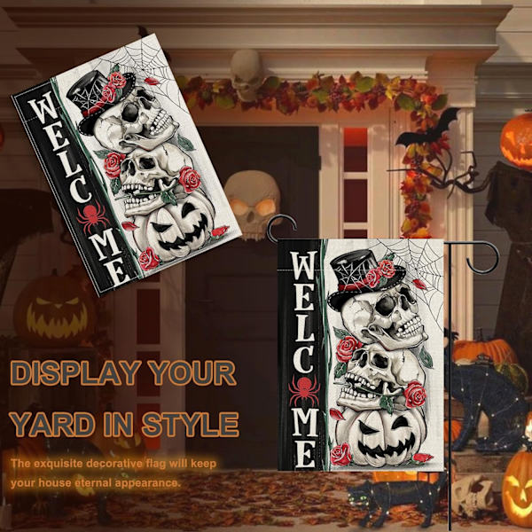 1 stk Velkommen Halloween Gotisk Kranie Dekorativ Haveflag, Spooky Jack O Lantern Græskar Skelet Have Ude Dekoration