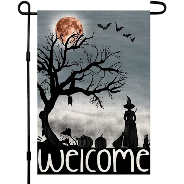 1 stk Velkommen Halloween Haveflag 12 x 18 Tommer Dobbeltsidet Burlap Lille Hexe Græskar Flag Ude Veranda Dekoration Hallo