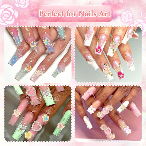 90 st Blom-Nagelberlocker Färgglada Akryl-Blomberlocker för Naglar Söta 3D-Blomster Nagelkonst Rhinestones Sommarstil Nagel