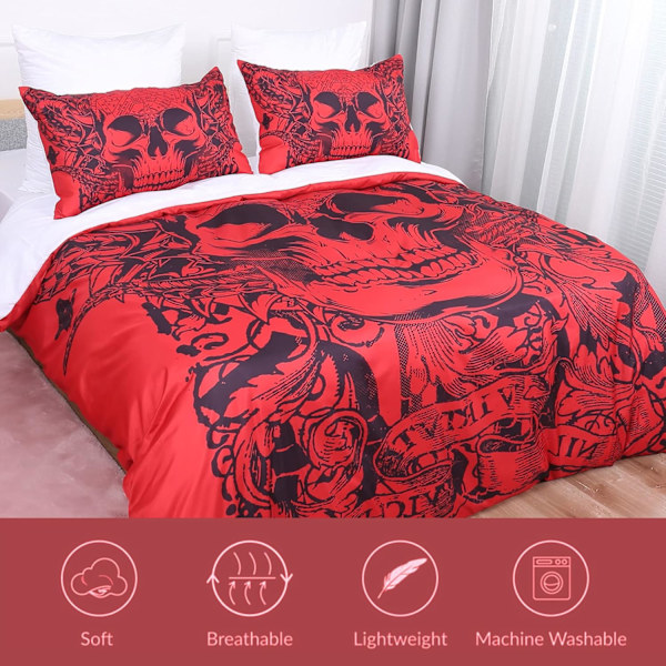 135X200cm Röd Skalle Täcke Set Gotisk Tatuering Sängkläder Set 2-Delar Blommig Quilt Set med Kuddfodral